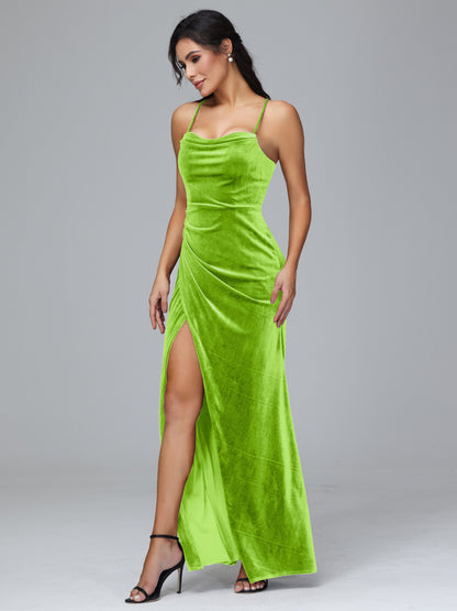 Spaghetti Straps Lace Up Plus Size Velvet Bridesmaid Dress With Slit