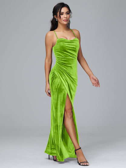 Spaghetti Straps Lace Up Velvet Bridesmaid Dress With Slit
