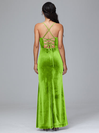 Spaghetti Straps Lace Up Plus Size Velvet Bridesmaid Dress With Slit