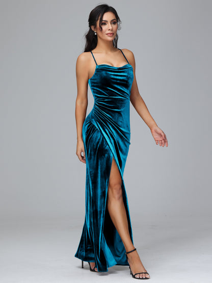 Spaghetti Straps Lace Up Velvet Bridesmaid Dress With Slit