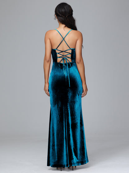 Spaghetti Straps Lace Up Plus Size Velvet Bridesmaid Dress With Slit