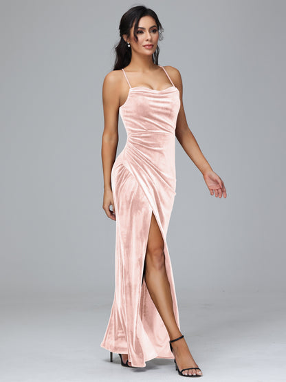 Spaghetti Straps Lace Up Plus Size Velvet Bridesmaid Dress With Slit
