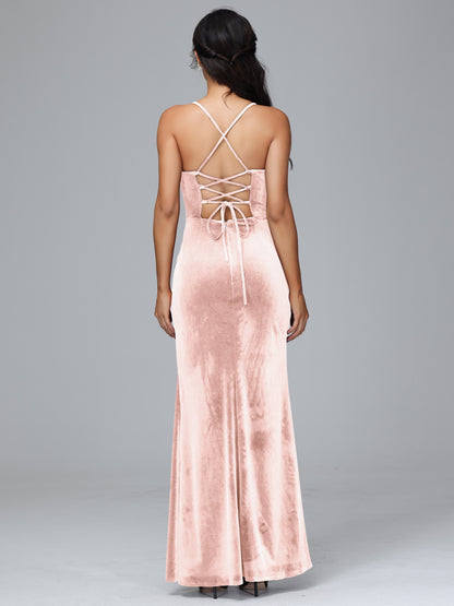 Spaghetti Straps Lace Up Velvet Bridesmaid Dress With Slit