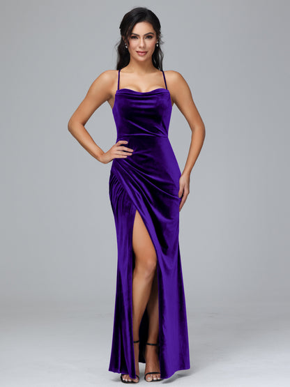 Spaghetti Straps Lace Up Velvet Bridesmaid Dress With Slit
