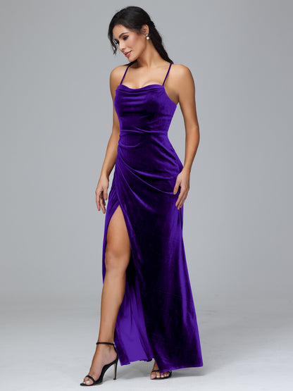 Spaghetti Straps Lace Up Plus Size Velvet Bridesmaid Dress With Slit