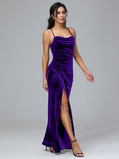 Spaghetti Straps Lace Up Plus Size Velvet Bridesmaid Dress With Slit