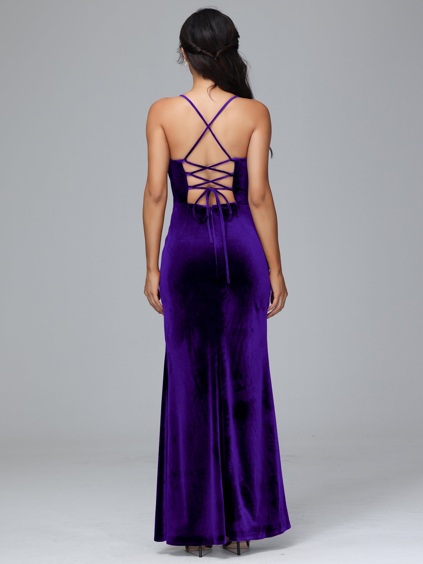 Spaghetti Straps Lace Up Velvet Bridesmaid Dress With Slit