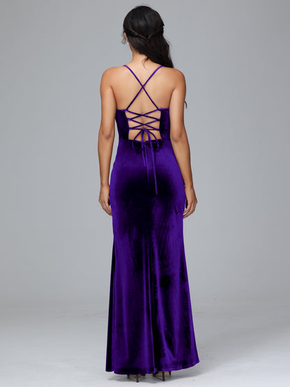 Spaghetti Straps Lace Up Velvet Bridesmaid Dress With Slit
