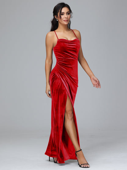 Spaghetti Straps Lace Up Velvet Bridesmaid Dress With Slit