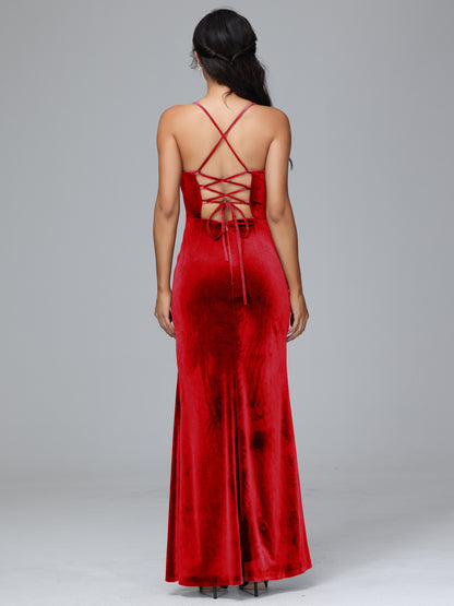 Spaghetti Straps Lace Up Plus Size Velvet Bridesmaid Dress With Slit