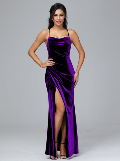 Spaghetti Straps Lace Up Plus Size Velvet Bridesmaid Dress With Slit
