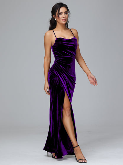 Spaghetti Straps Lace Up Plus Size Velvet Bridesmaid Dress With Slit