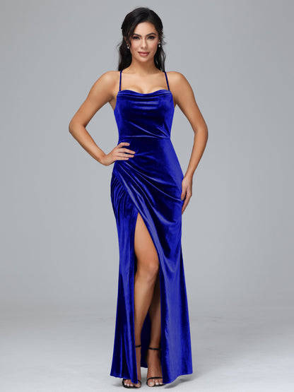 Spaghetti Straps Lace Up Velvet Bridesmaid Dress With Slit