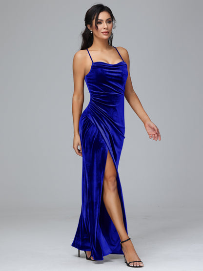 Spaghetti Straps Lace Up Plus Size Velvet Bridesmaid Dress With Slit