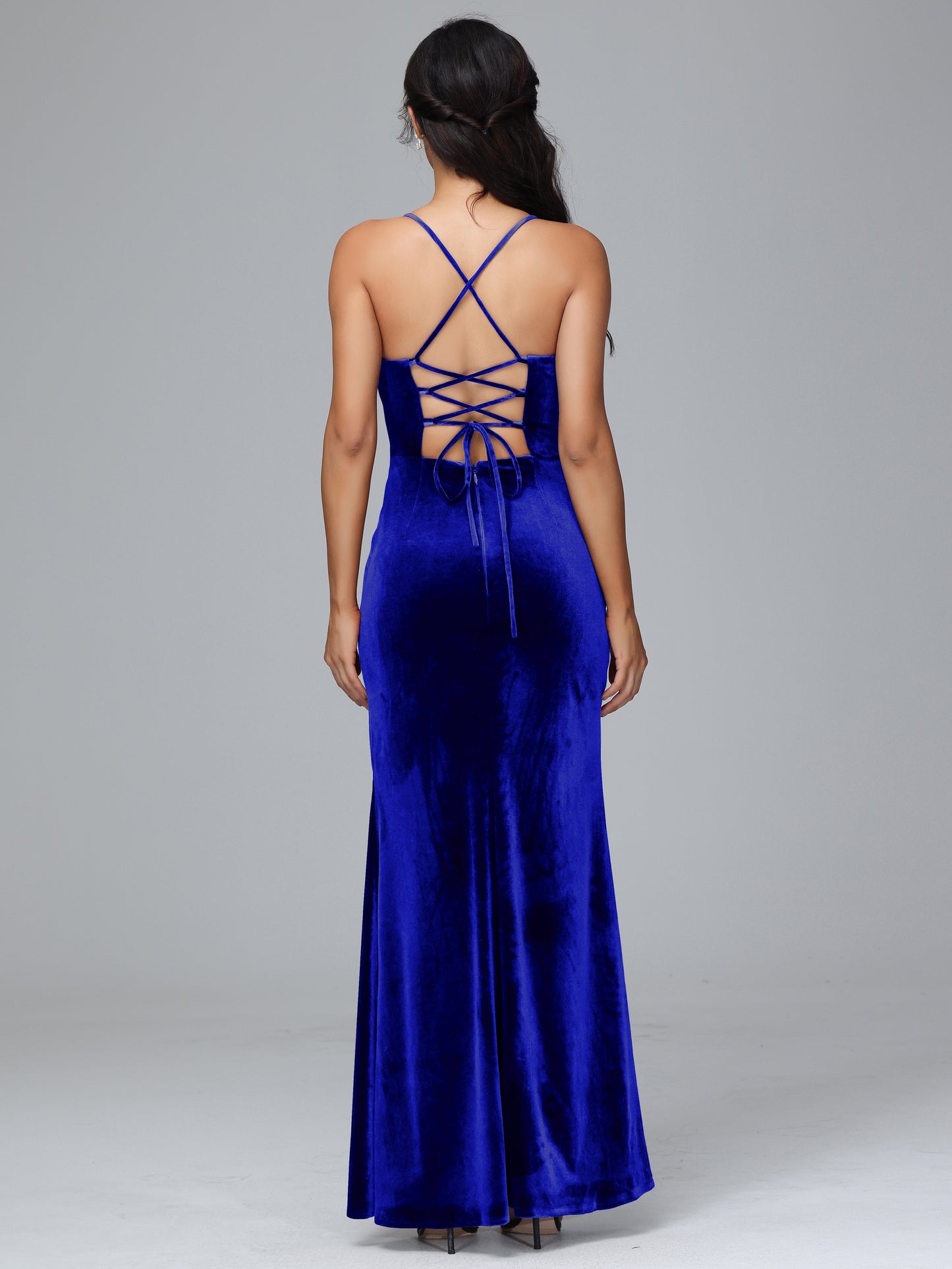 Spaghetti Straps Lace Up Velvet Bridesmaid Dress With Slit