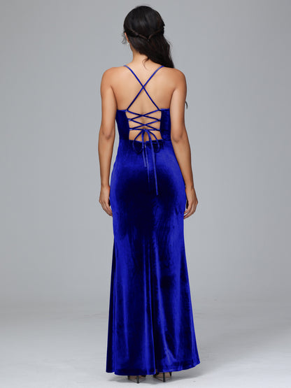 Spaghetti Straps Lace Up Velvet Bridesmaid Dress With Slit