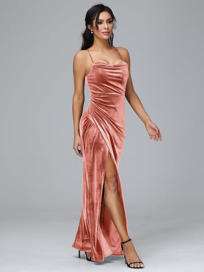 Spaghetti Straps Lace Up Velvet Bridesmaid Dress With Slit