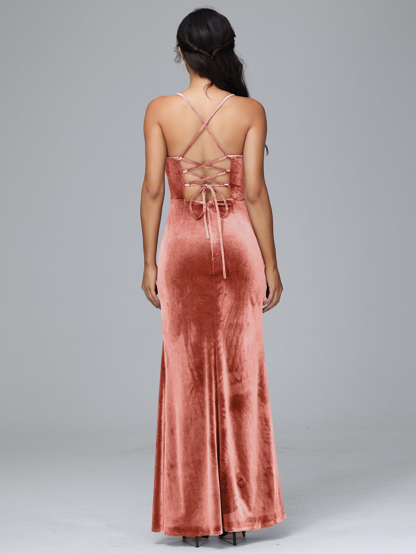 Spaghetti Straps Lace Up Velvet Bridesmaid Dress With Slit