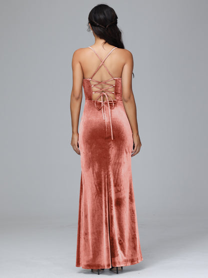 Spaghetti Straps Lace Up Velvet Bridesmaid Dress With Slit