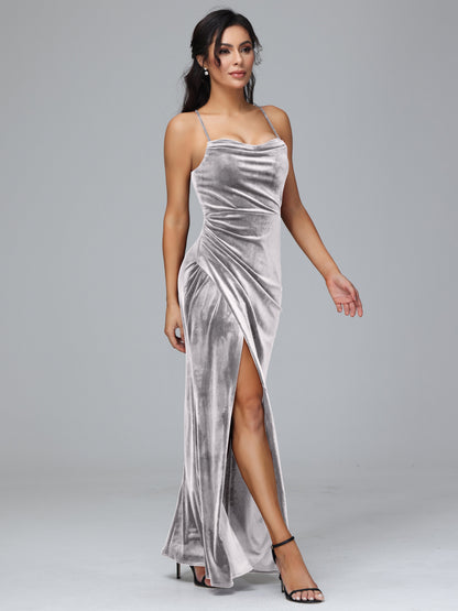 Spaghetti Straps Lace Up Velvet Bridesmaid Dress With Slit