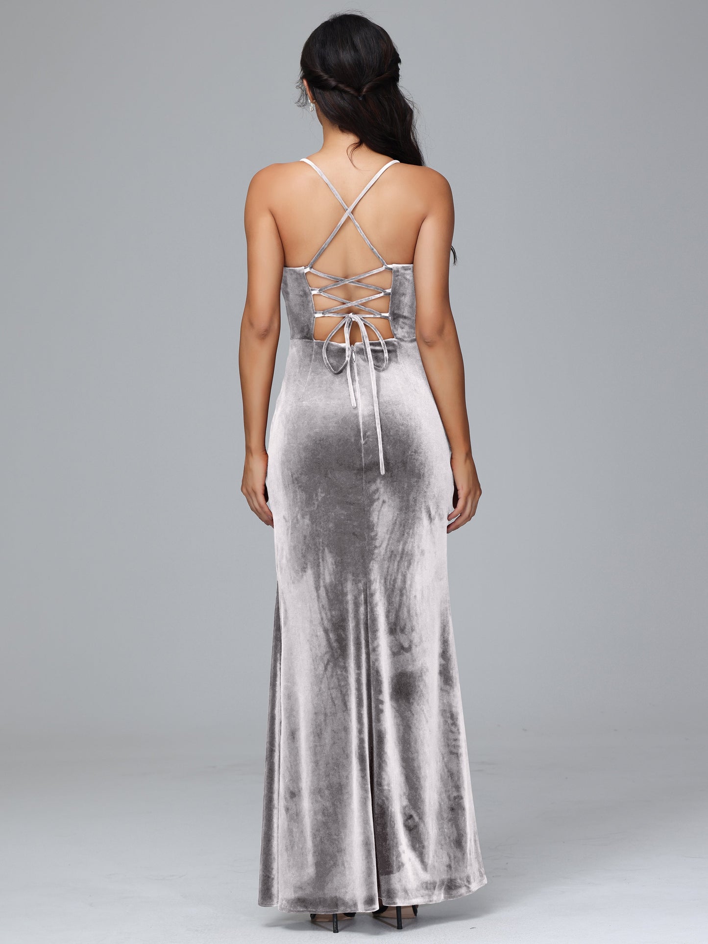 Spaghetti Straps Lace Up Velvet Bridesmaid Dress With Slit