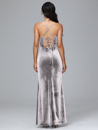 Spaghetti Straps Lace Up Velvet Bridesmaid Dress With Slit
