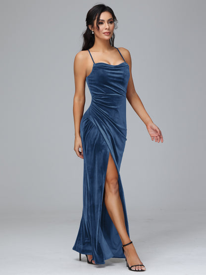 Spaghetti Straps Lace Up Velvet Bridesmaid Dress With Slit