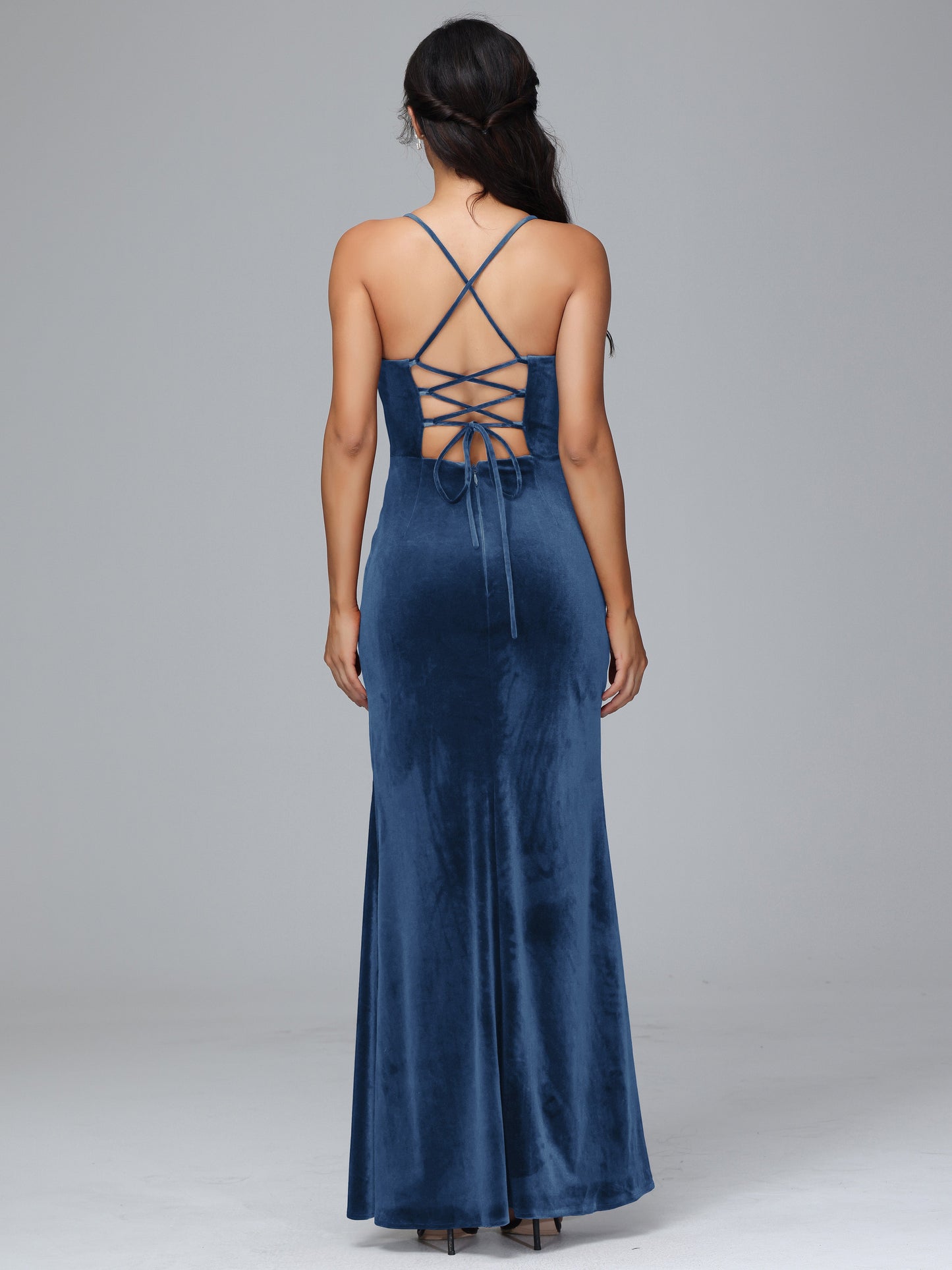 Spaghetti Straps Lace Up Velvet Bridesmaid Dress With Slit