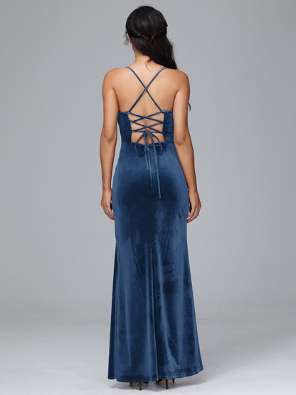 Spaghetti Straps Lace Up Plus Size Velvet Bridesmaid Dress With Slit