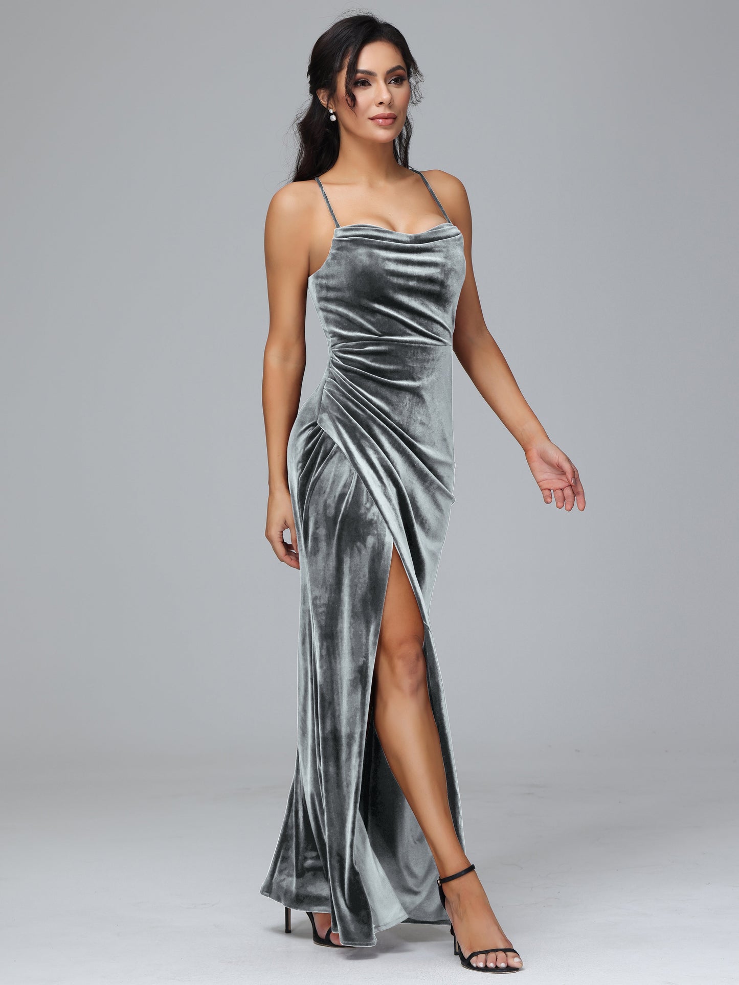 Spaghetti Straps Lace Up Plus Size Velvet Bridesmaid Dress With Slit