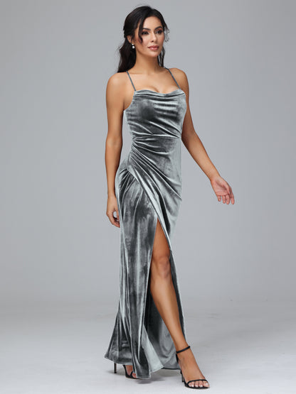 Spaghetti Straps Lace Up Plus Size Velvet Bridesmaid Dress With Slit