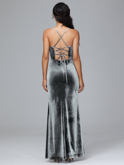 Spaghetti Straps Lace Up Plus Size Velvet Bridesmaid Dress With Slit