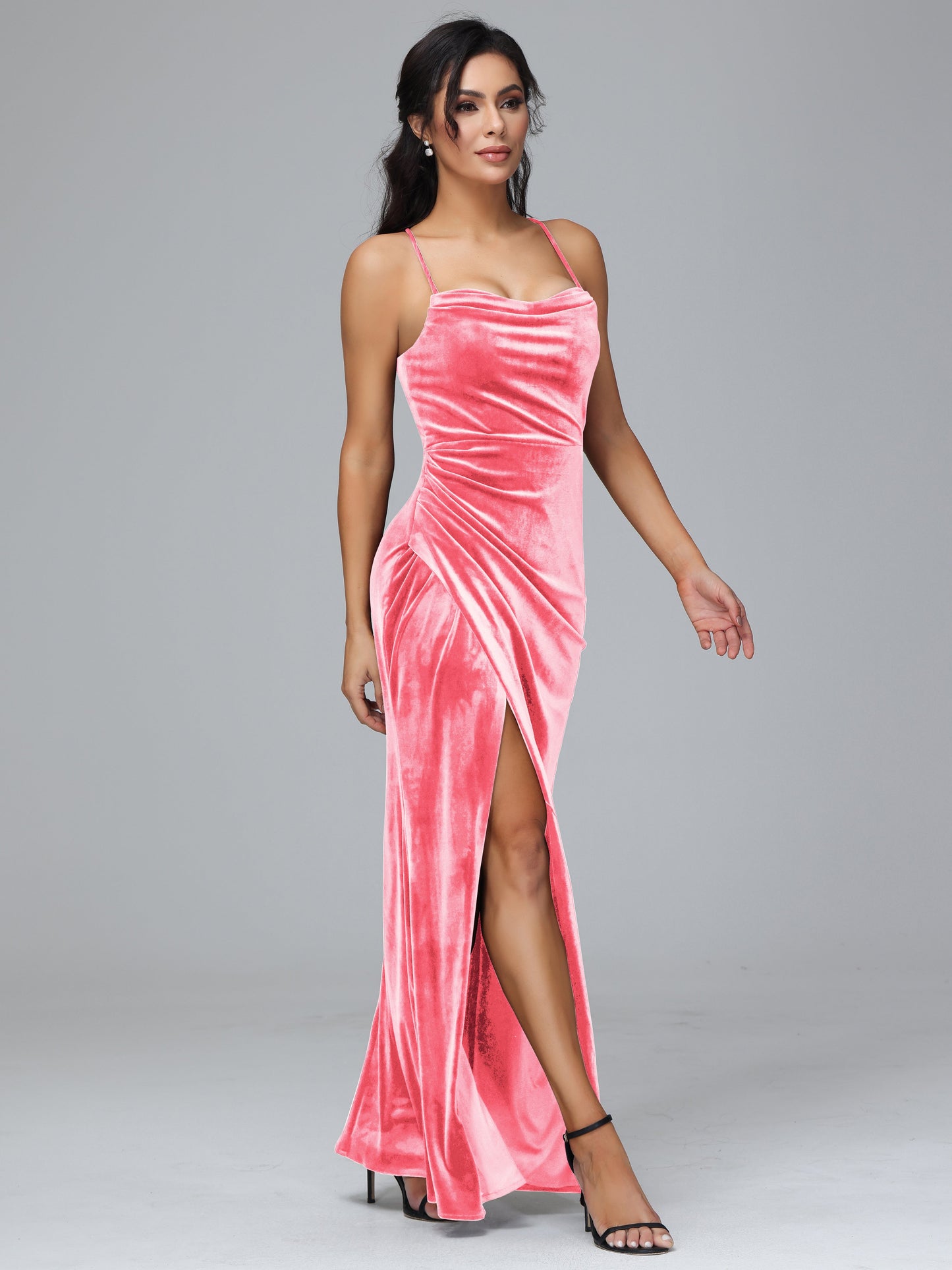 Spaghetti Straps Lace Up Velvet Bridesmaid Dress With Slit