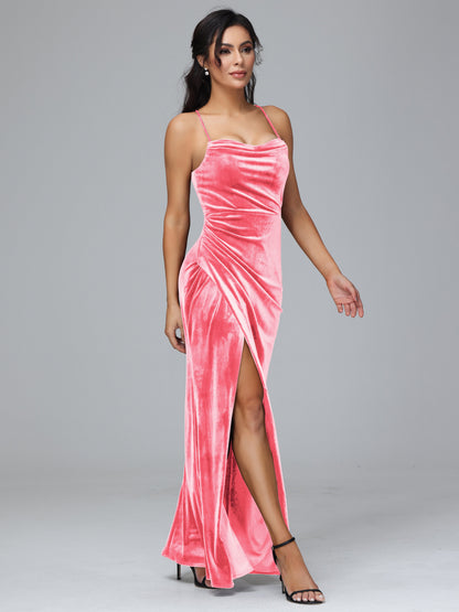 Spaghetti Straps Lace Up Velvet Bridesmaid Dress With Slit