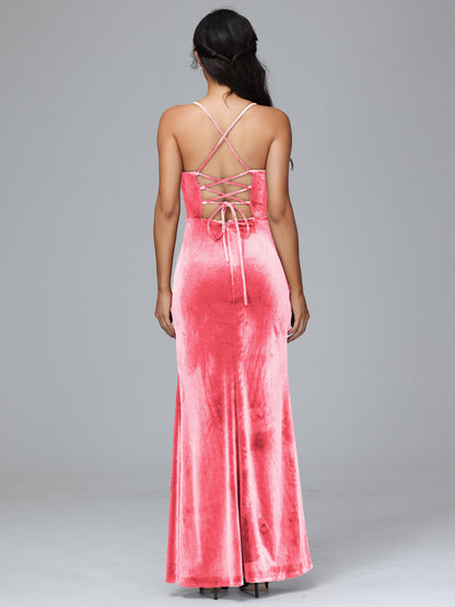 Spaghetti Straps Lace Up Velvet Bridesmaid Dress With Slit