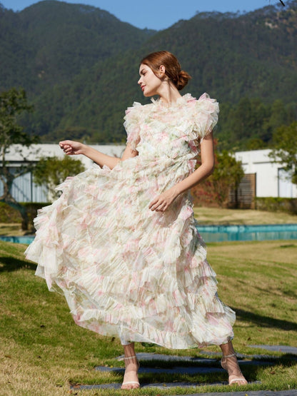 Sweet Floral Print Short Puffy Sleeve Ruffle Tulle Bridesmaid Dresses