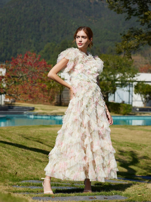 Sweet Floral Print Short Puffy Sleeve Ruffle Tulle Bridesmaid Dresses