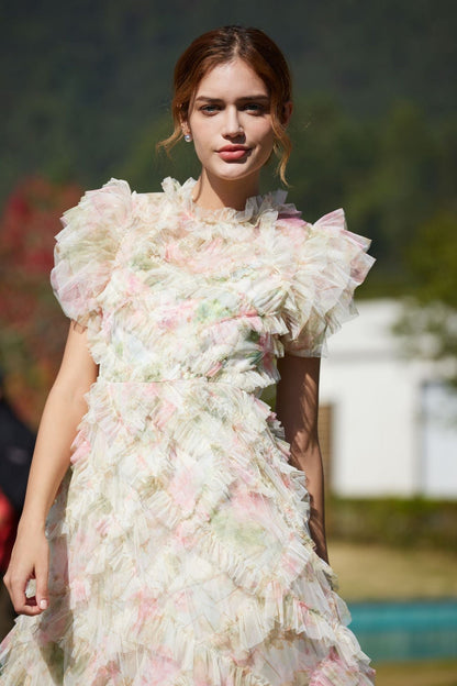 Sweet Floral Print Short Puffy Sleeve Ruffle Tulle Bridesmaid Dresses