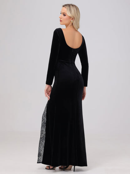 Elegant Sweetheart Long Sleeves Patchwork Sequin Lace Velvet Bridesmaid Dresses