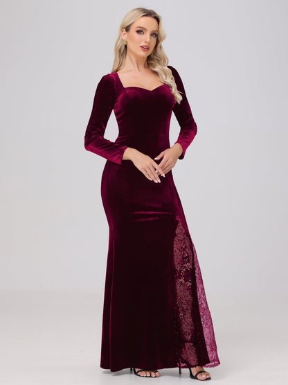 Elegant Sweetheart Long Sleeves Patchwork Sequin Lace Velvet Bridesmaid Dresses