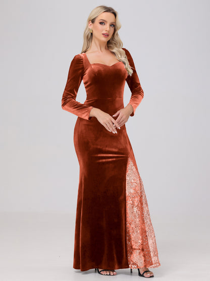 Elegant Sweetheart Long Sleeves Patchwork Sequin Lace Velvet Bridesmaid Dresses