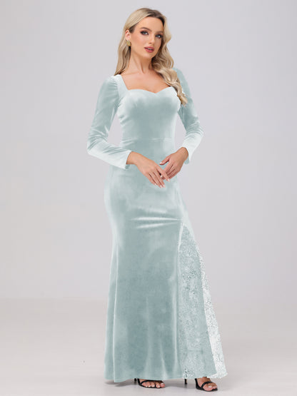 Elegant Sweetheart Long Sleeves Patchwork Sequin Lace Velvet Bridesmaid Dresses