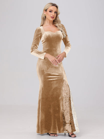 Elegant Sweetheart Long Sleeves Patchwork Sequin Lace Velvet Bridesmaid Dresses