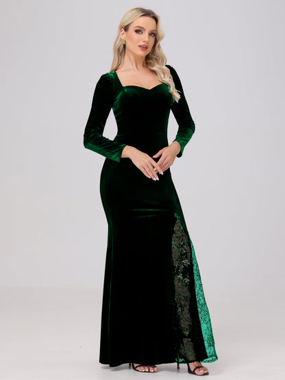 Elegant Sweetheart Long Sleeves Patchwork Sequin Lace Velvet Bridesmaid Dresses