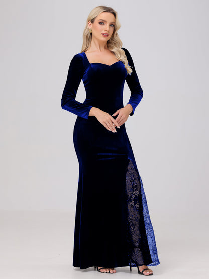 Elegant Sweetheart Long Sleeves Patchwork Sequin Lace Velvet Bridesmaid Dresses