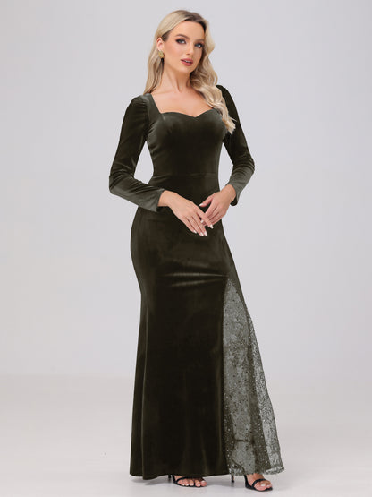 Elegant Sweetheart Long Sleeves Patchwork Sequin Lace Velvet Bridesmaid Dresses