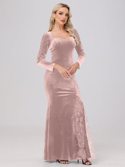 Elegant Sweetheart Long Sleeves Patchwork Sequin Lace Velvet Bridesmaid Dresses