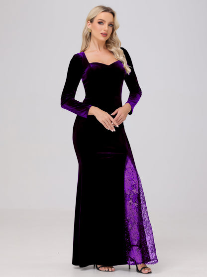 Elegant Sweetheart Long Sleeves Patchwork Sequin Lace Velvet Bridesmaid Dresses