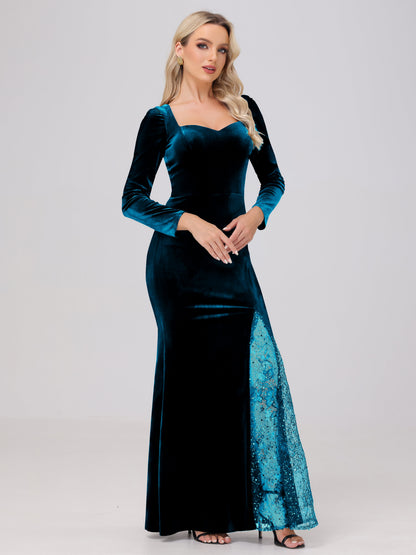 Elegant Sweetheart Long Sleeves Patchwork Sequin Lace Velvet Bridesmaid Dresses