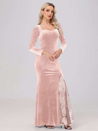 Elegant Sweetheart Long Sleeves Patchwork Sequin Lace Velvet Bridesmaid Dresses